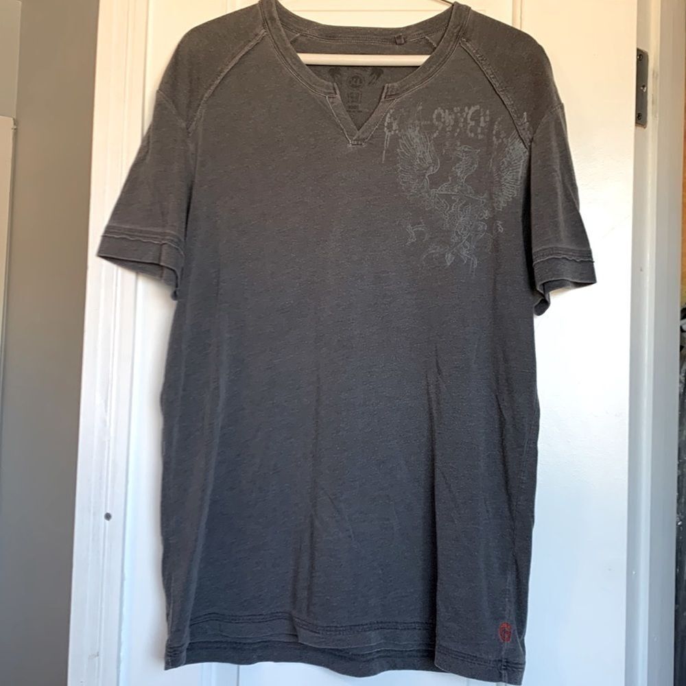 Men’s G by Guess V-Neck Gray Graphic Tee Size XL
